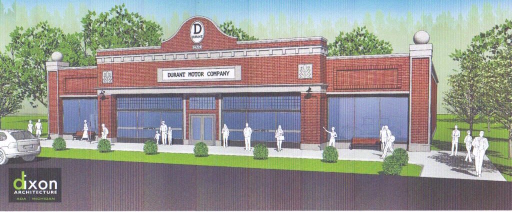 Drawing of the proposed museum building, a brick building with large showroom windows